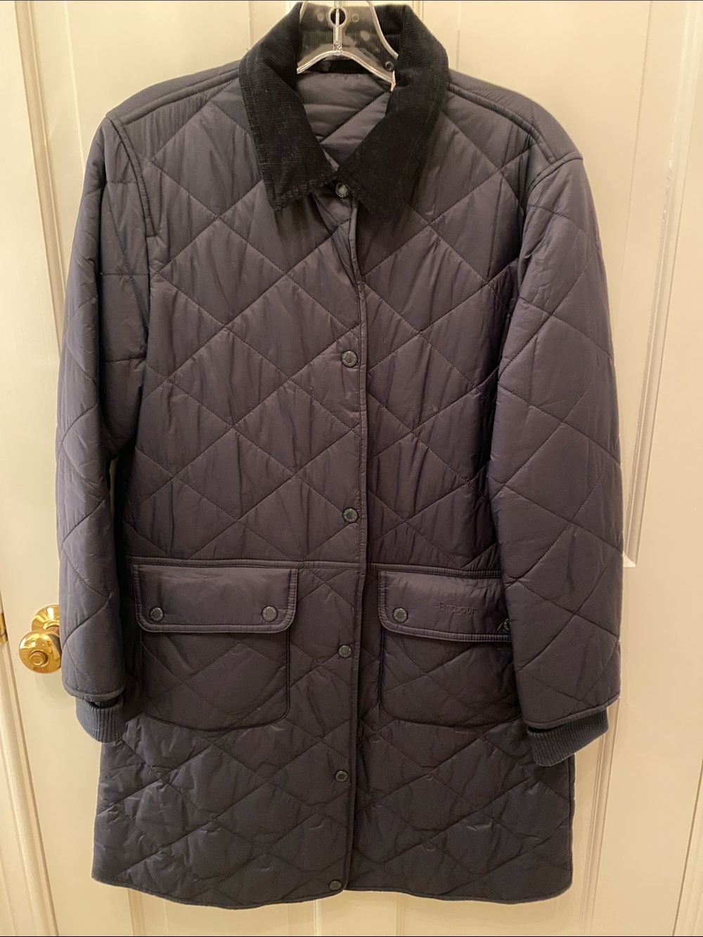 Barbour Quilted Navy Coat with Corduroy Collar • Size 10